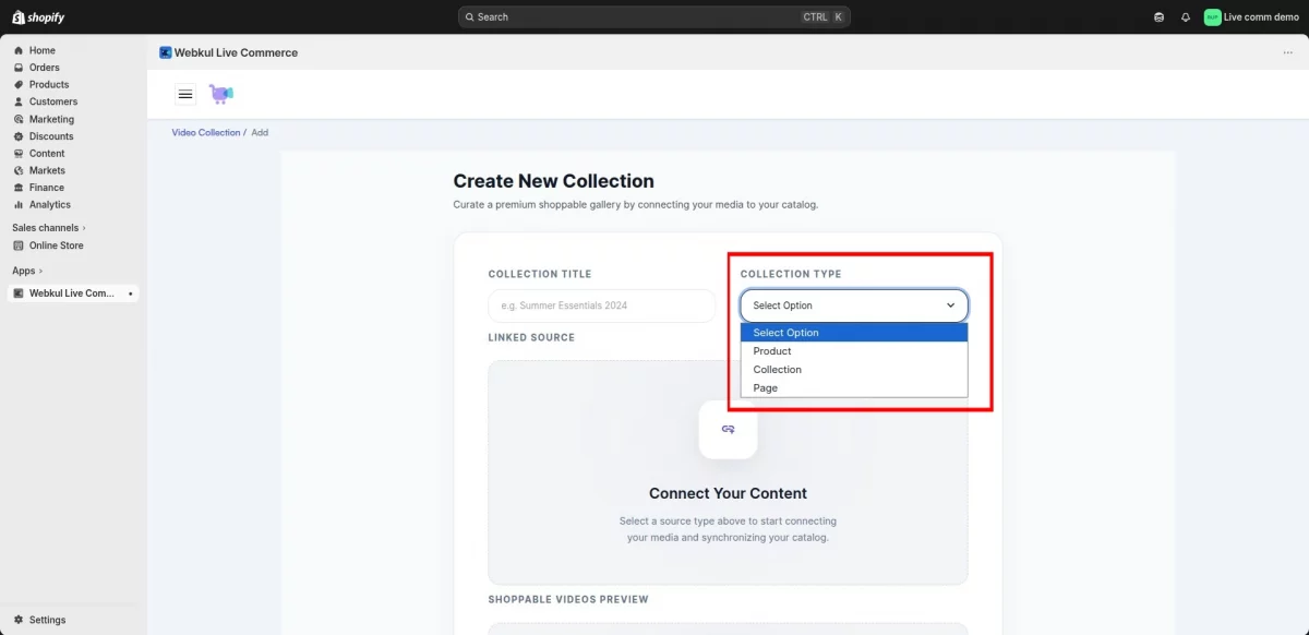 Live commerce create collection
