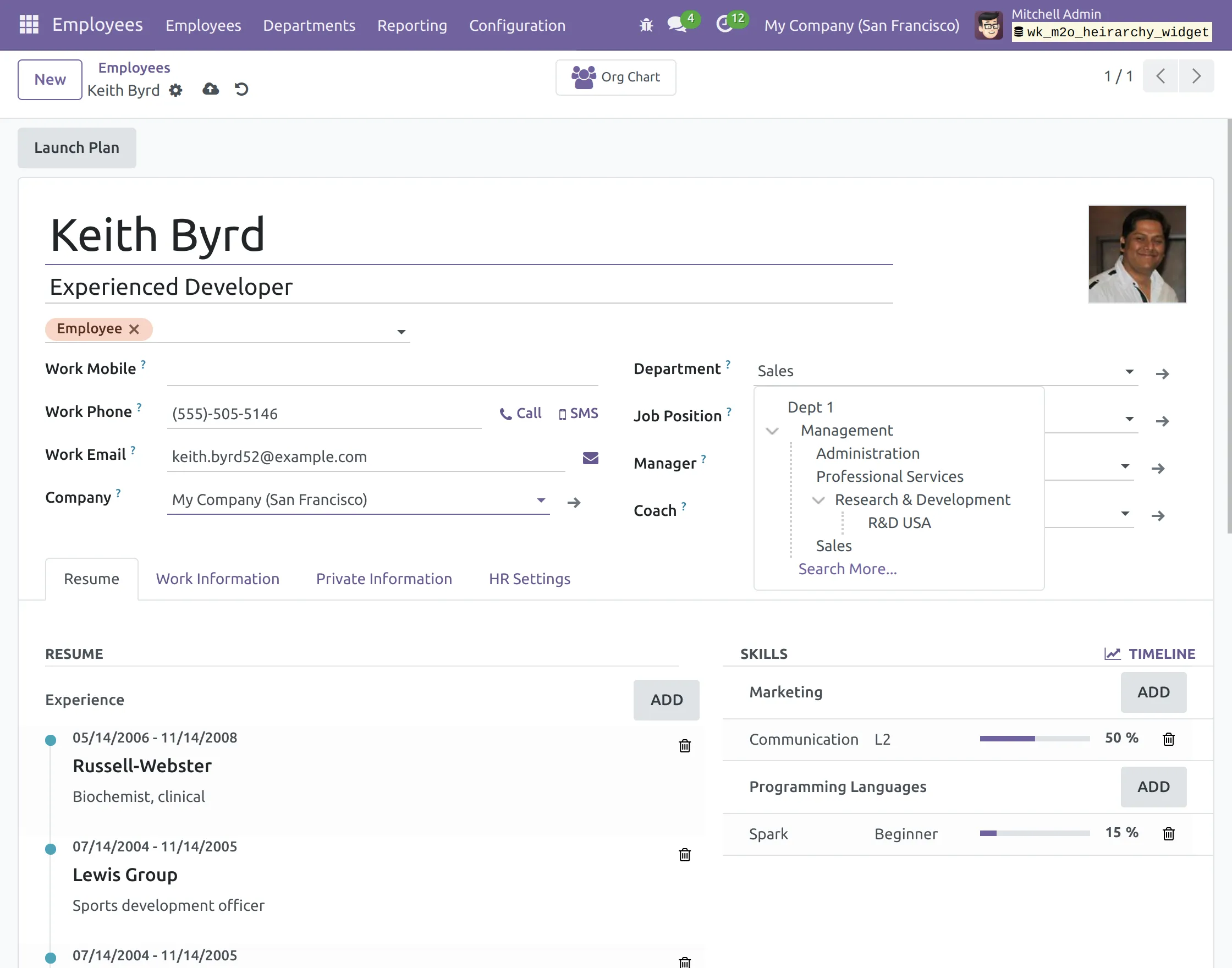 Department section in a parent-tree view in Odoo Many2one Hierarchy Widget