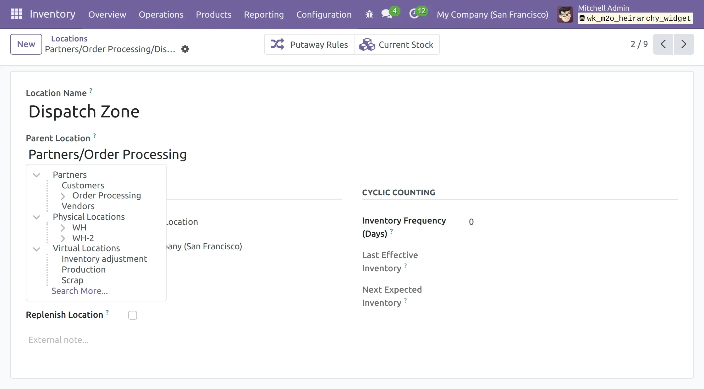 Inventory Stock Location in a parent tree view in Odoo Many2one Hierarchy Widget