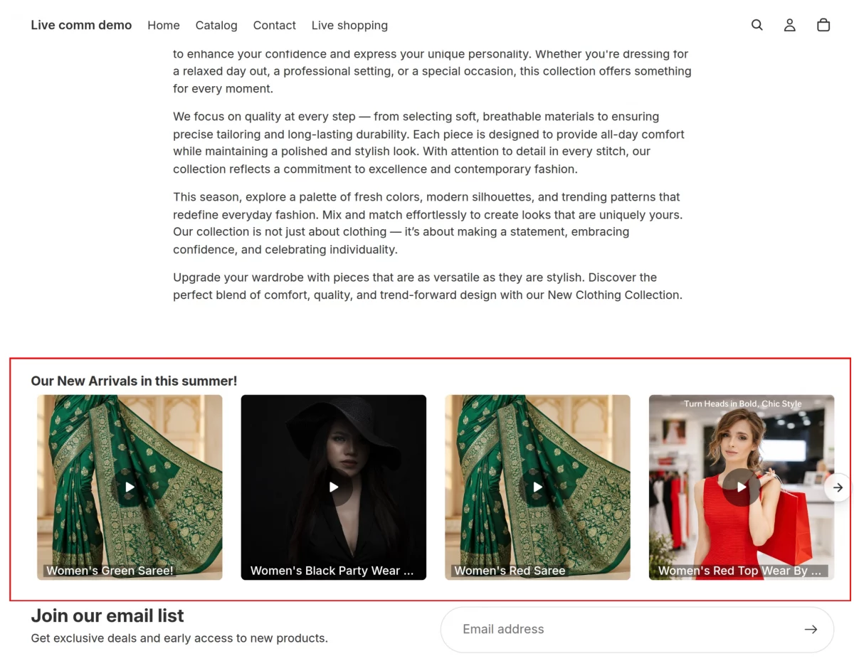 Live commerce page collection fornt