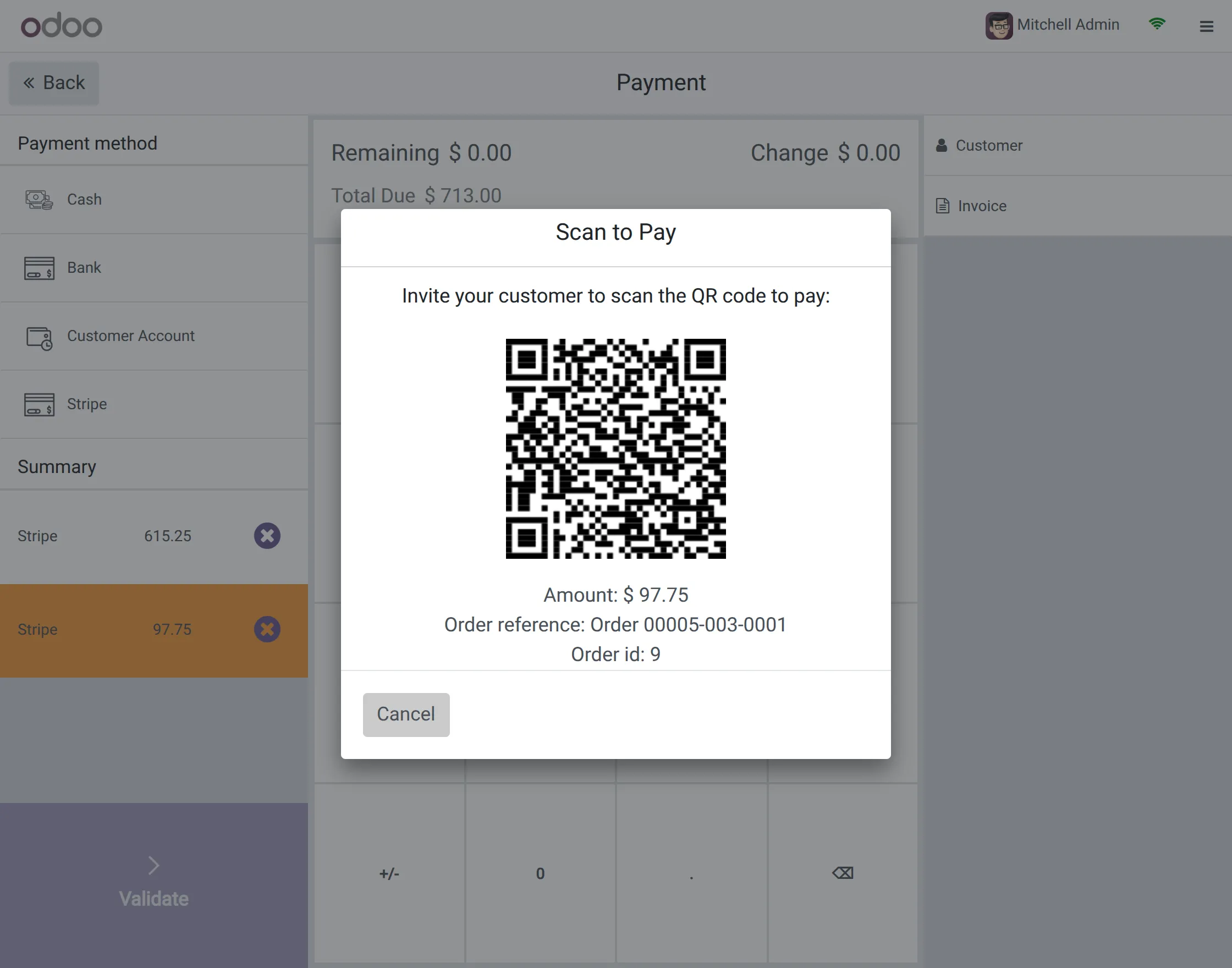 QR code on the POS interface in Odoo POS Payment Base 