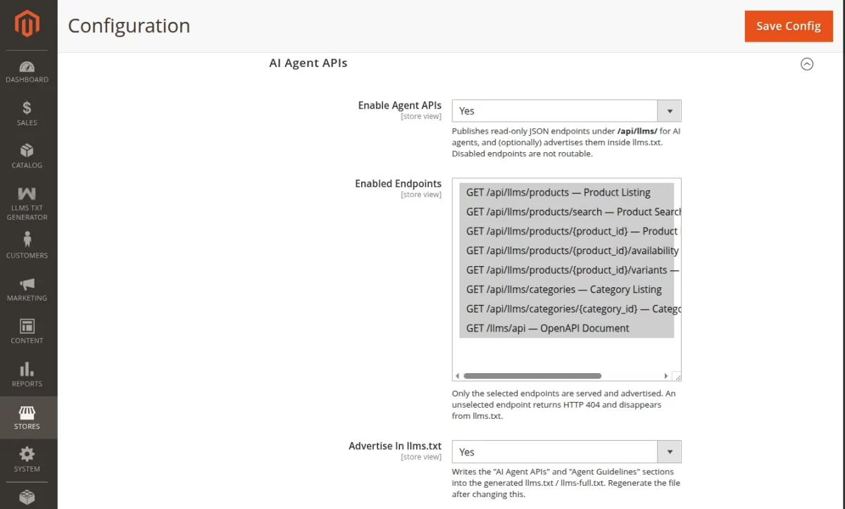 AI agent API config