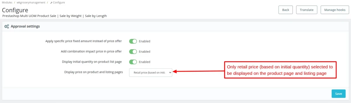 retail price selected