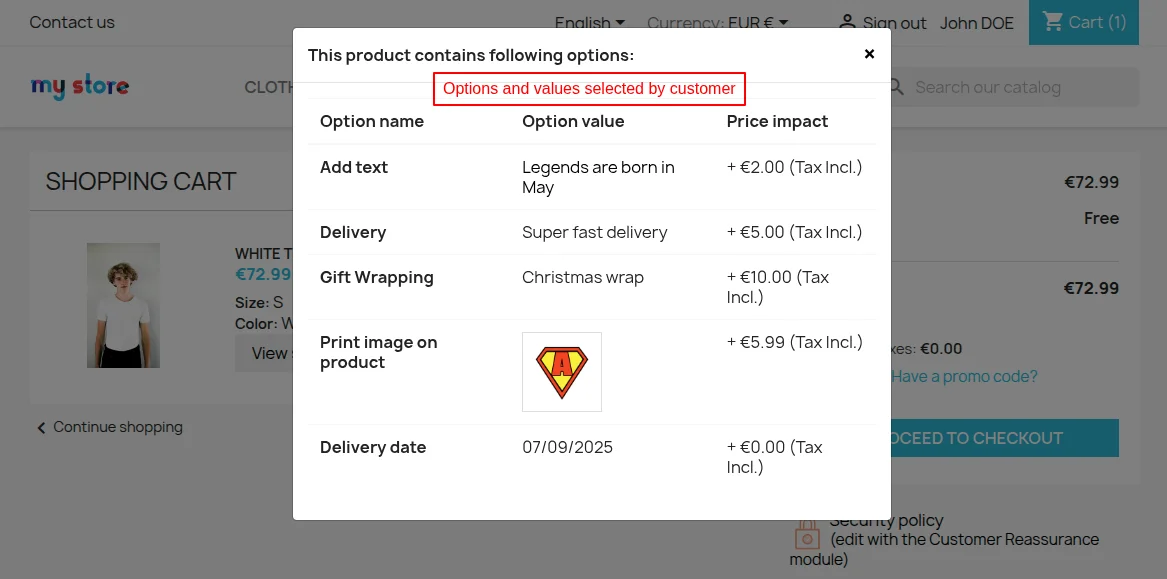 product options popup