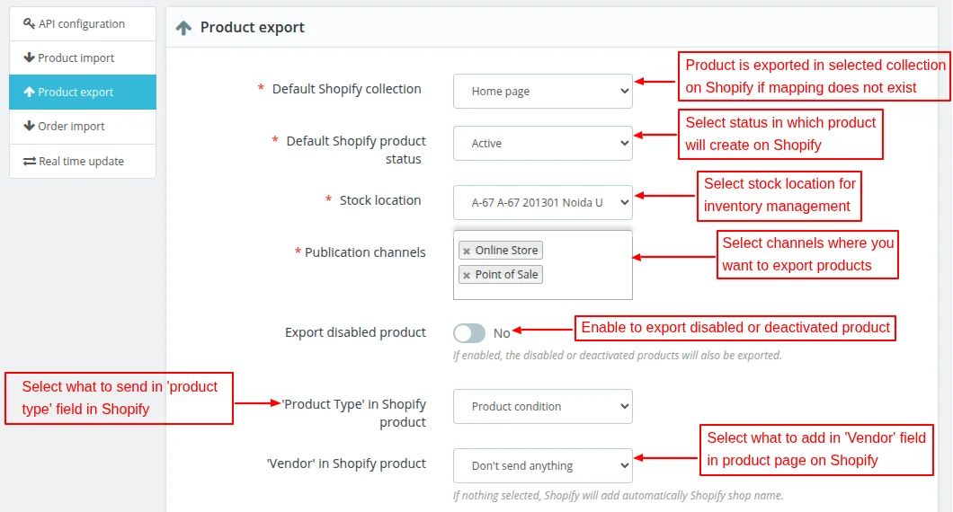 product export settings