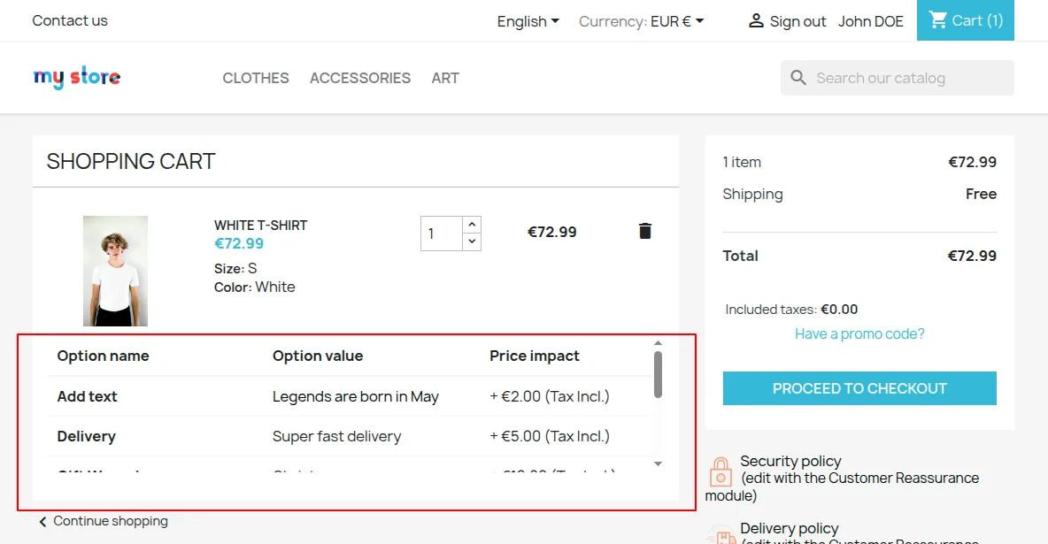 product options normal view