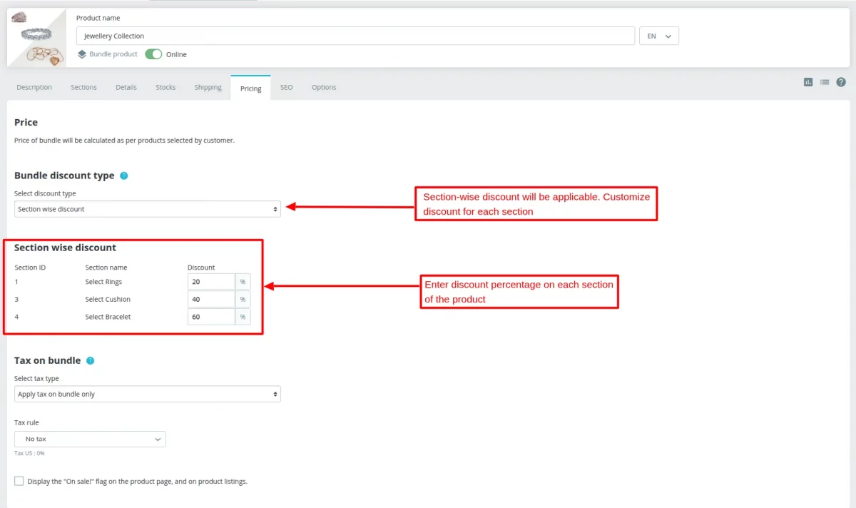 section wise discount