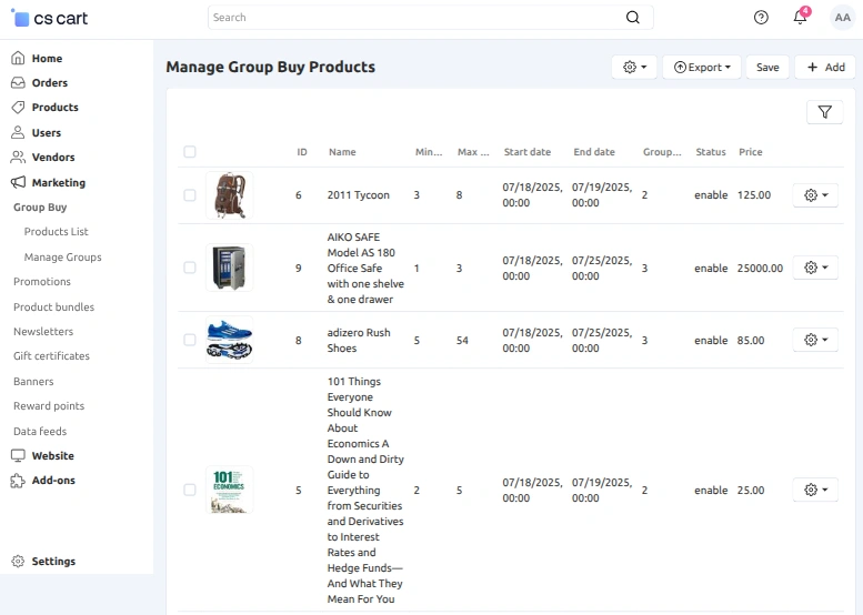 cs-cart group buy product list