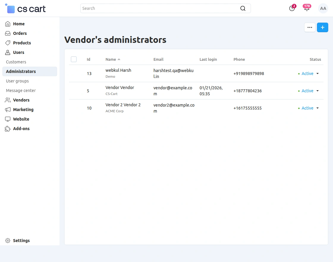 vendor administrators list