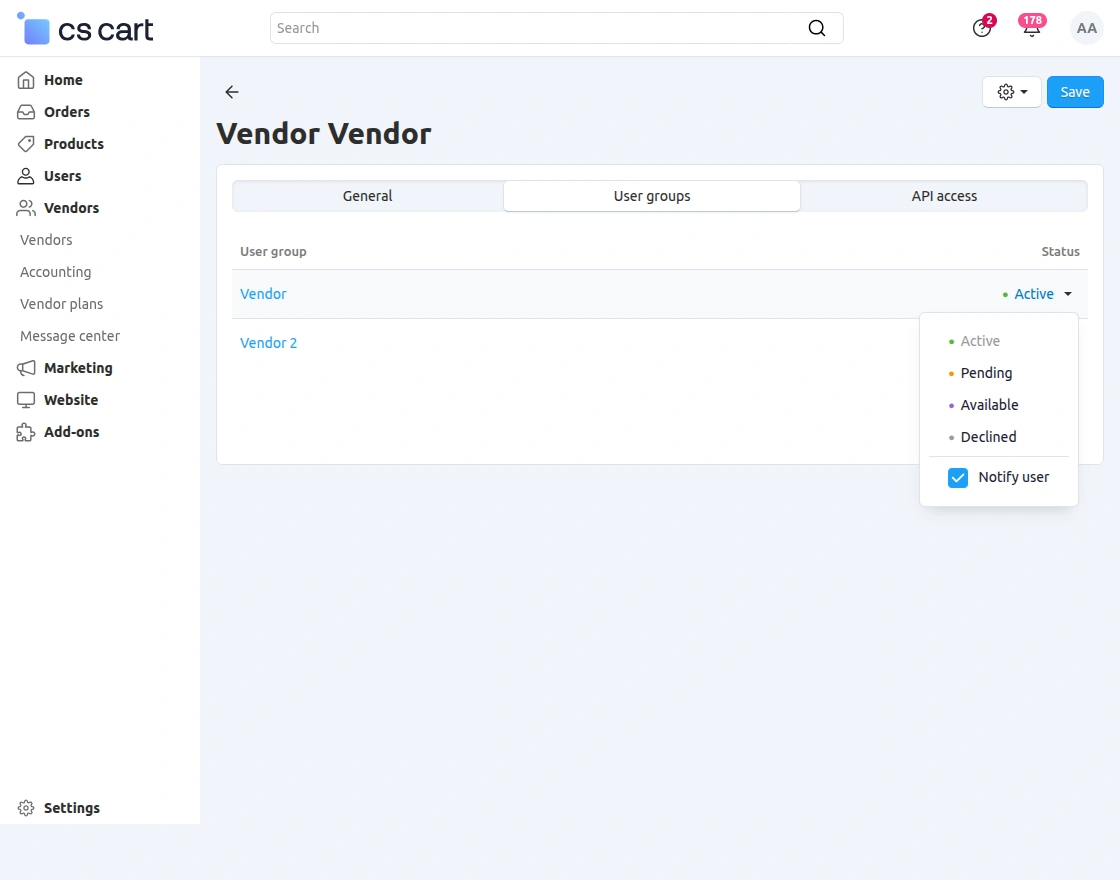 assign vendor user group