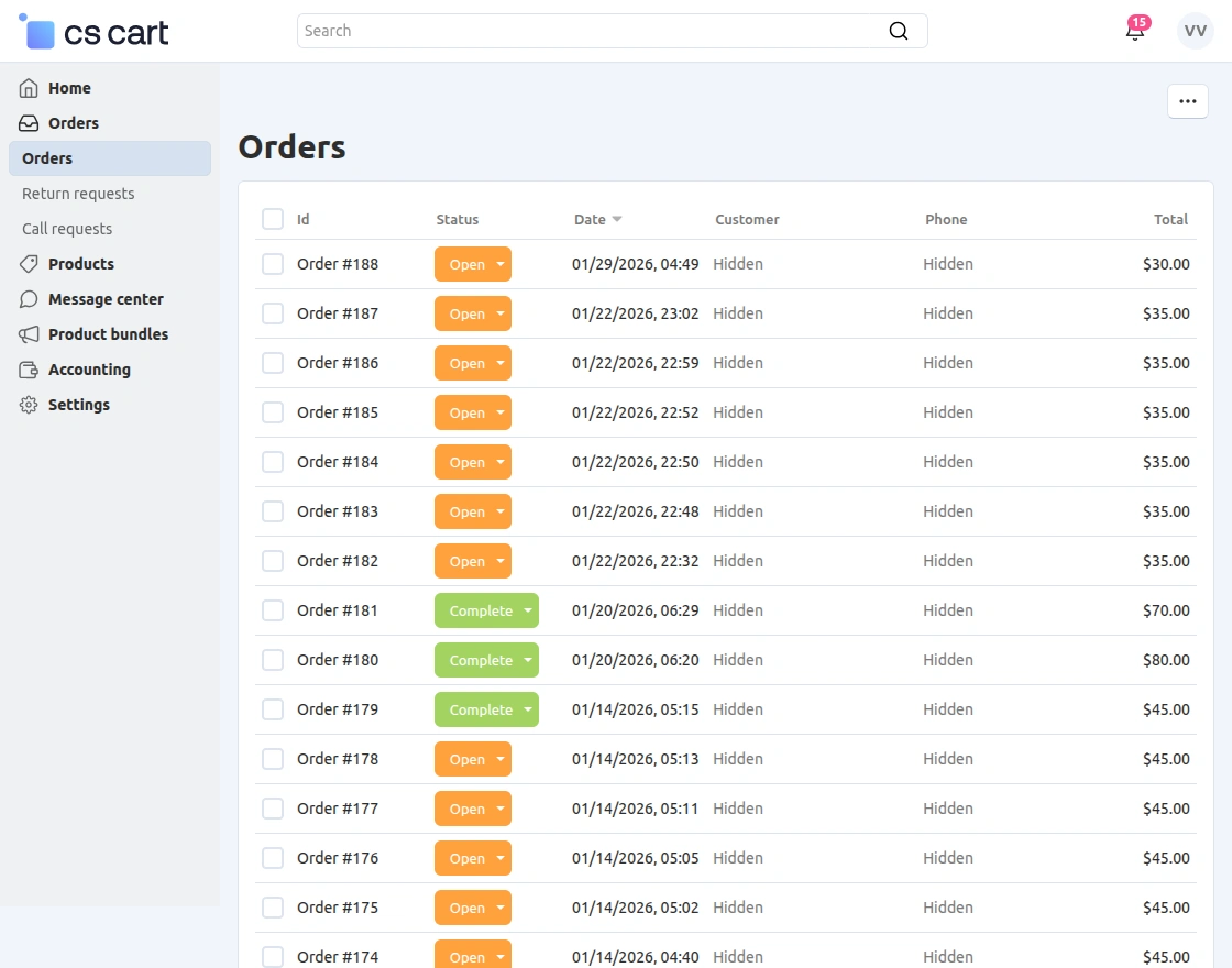 hidden customer details order list