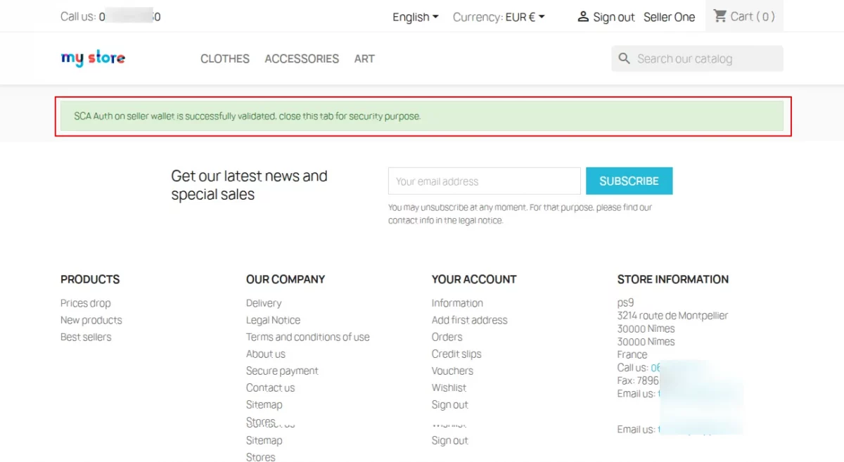 Cash out SCA authentication sucessfull