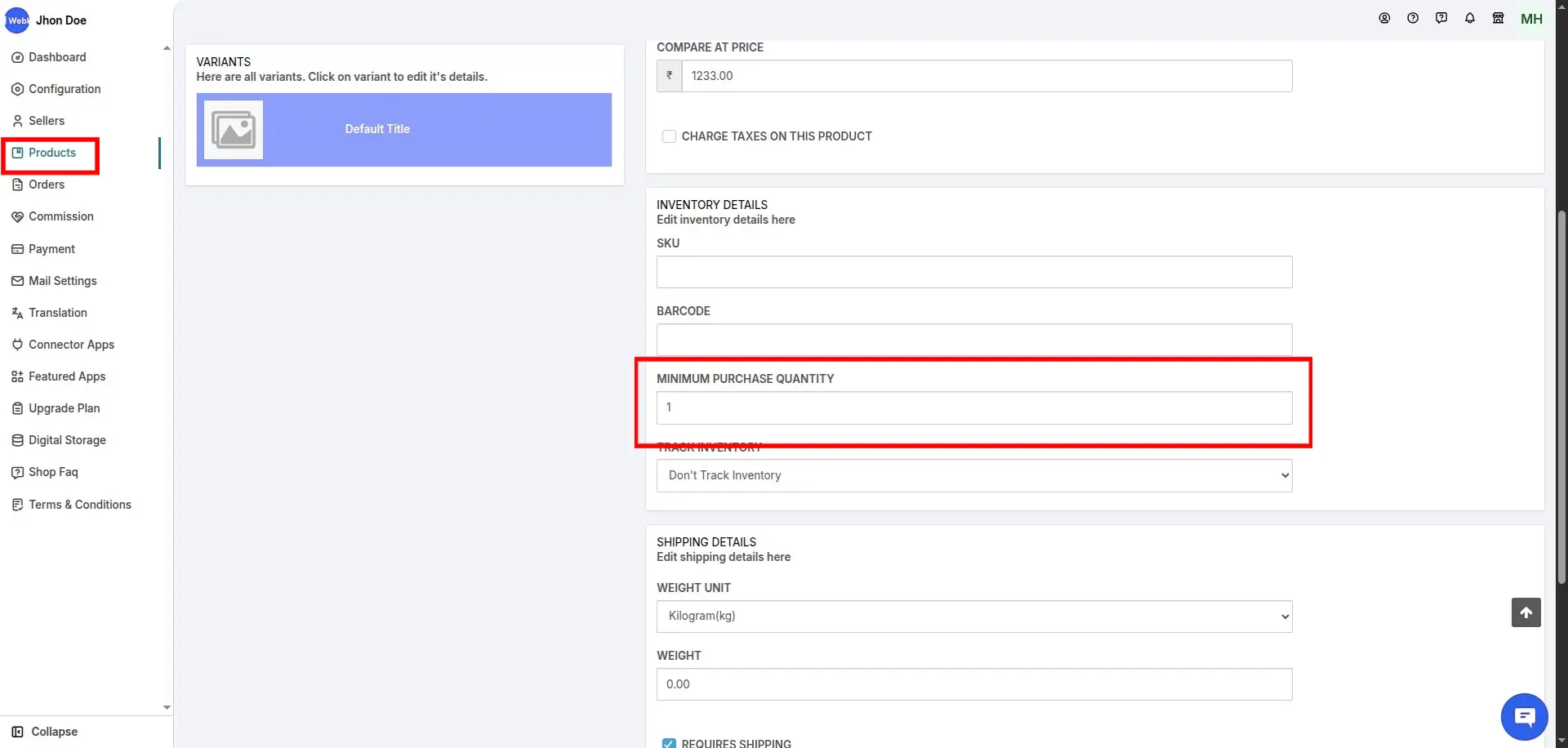 Minimum Purchase Quantity Configuration Variant Wise