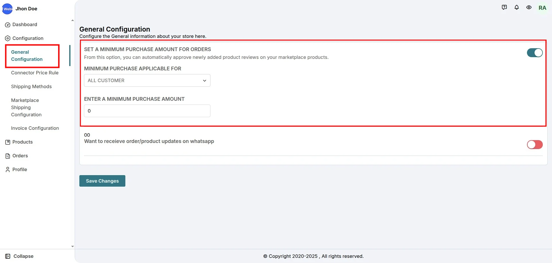 minimum purchase amount-Seller Panel