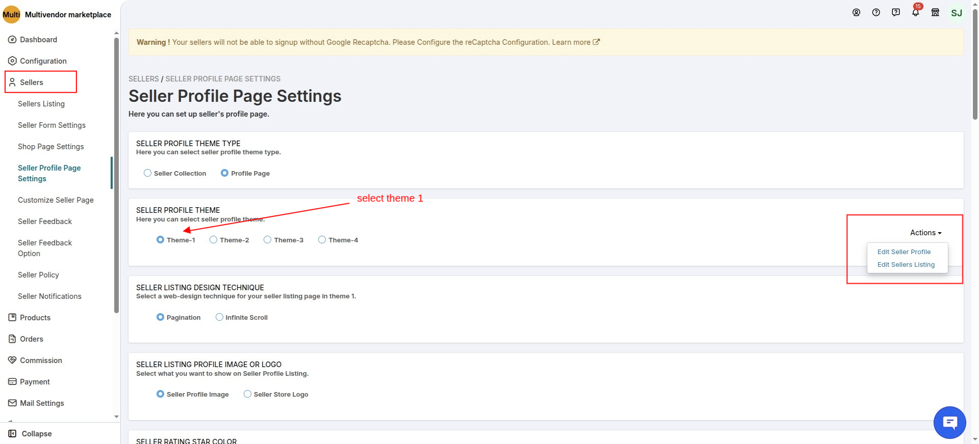 seller profile page settings