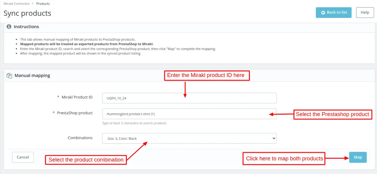 enter mirakl product id and select prestashop product