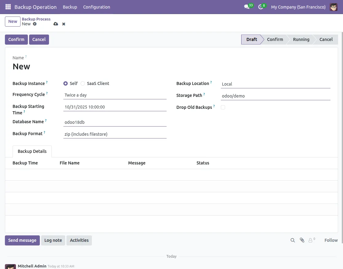 backup process fields set