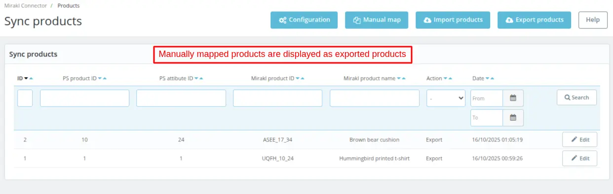 manually mapped product marked as exported