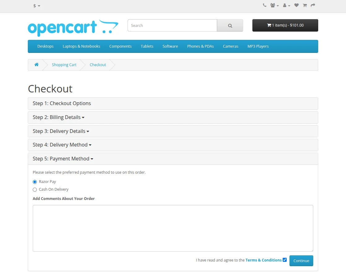 select razorpay as payment method