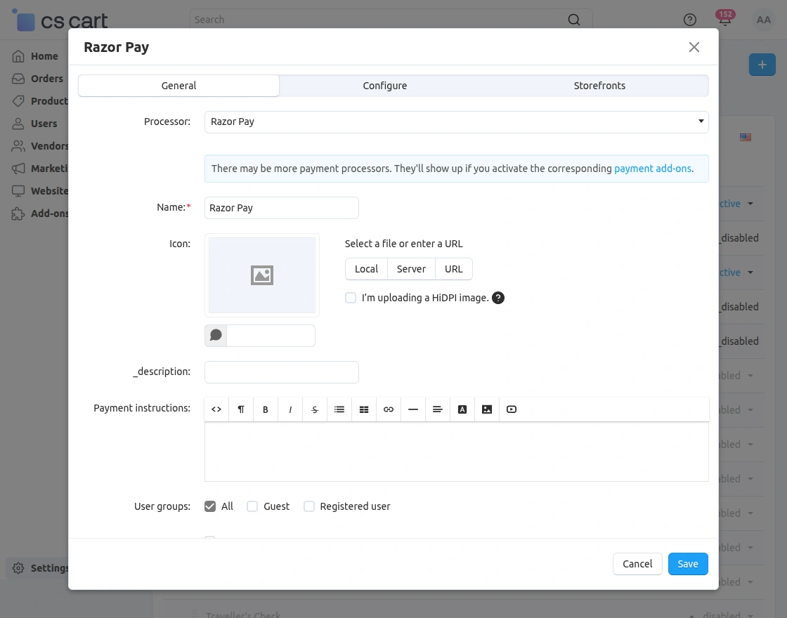razorpay payment method configuration