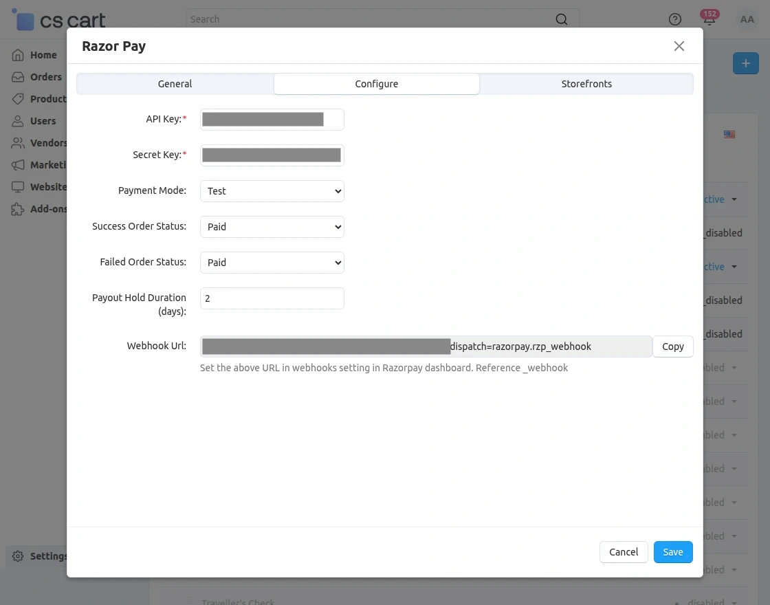 razorpay payment method configuration