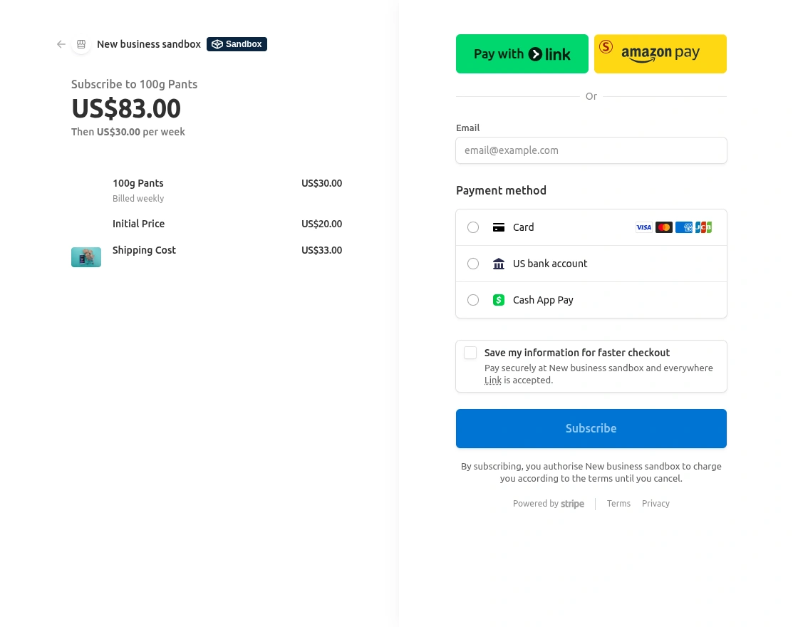 Stripe checkout page