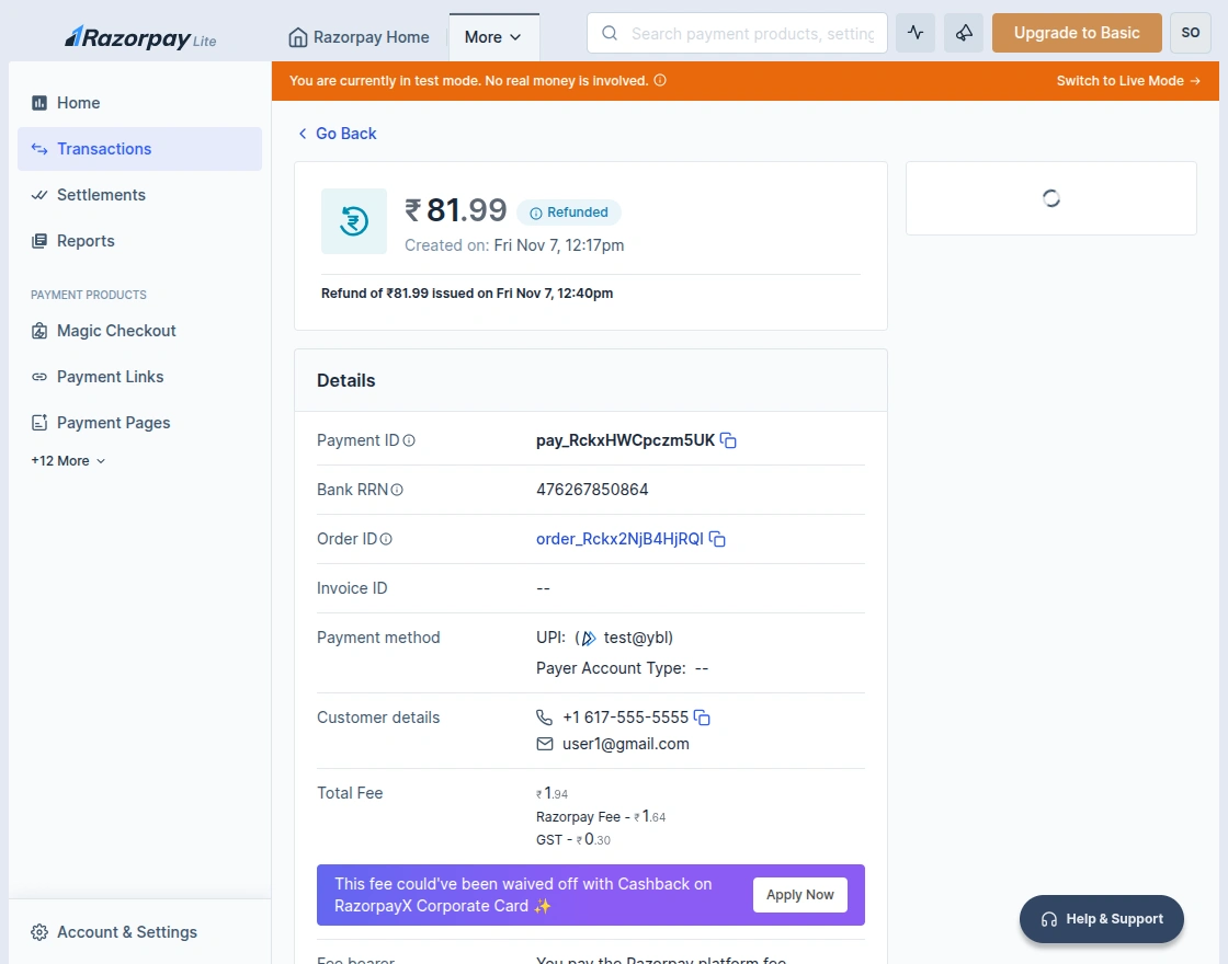 razorpay transactions details