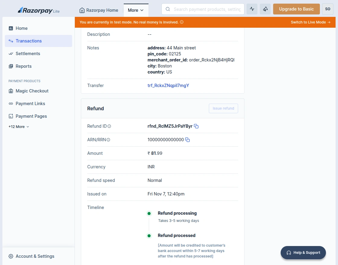 razorpay transactions details