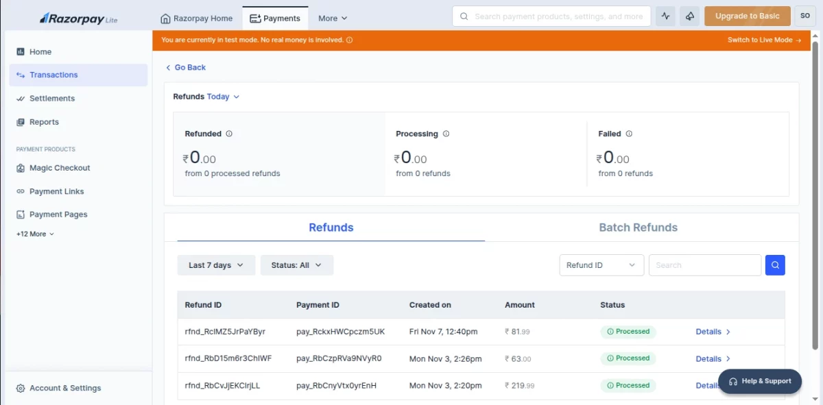 razorpay refund dashboard