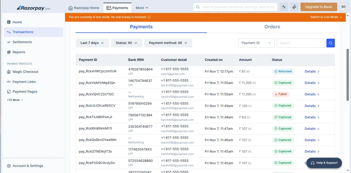 razorpay transaction dashboard