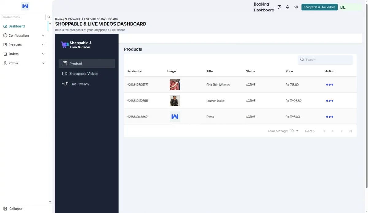 product dashboard Live Commerce Multivendor marketplace