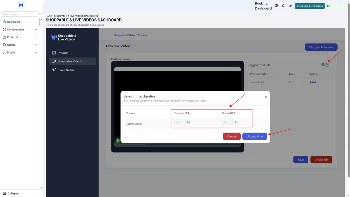 select time duration Live Commerce Multivendor marketplace