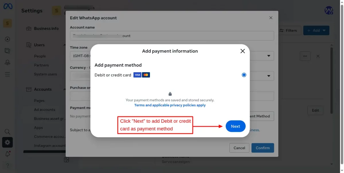 add credit card or debit card details