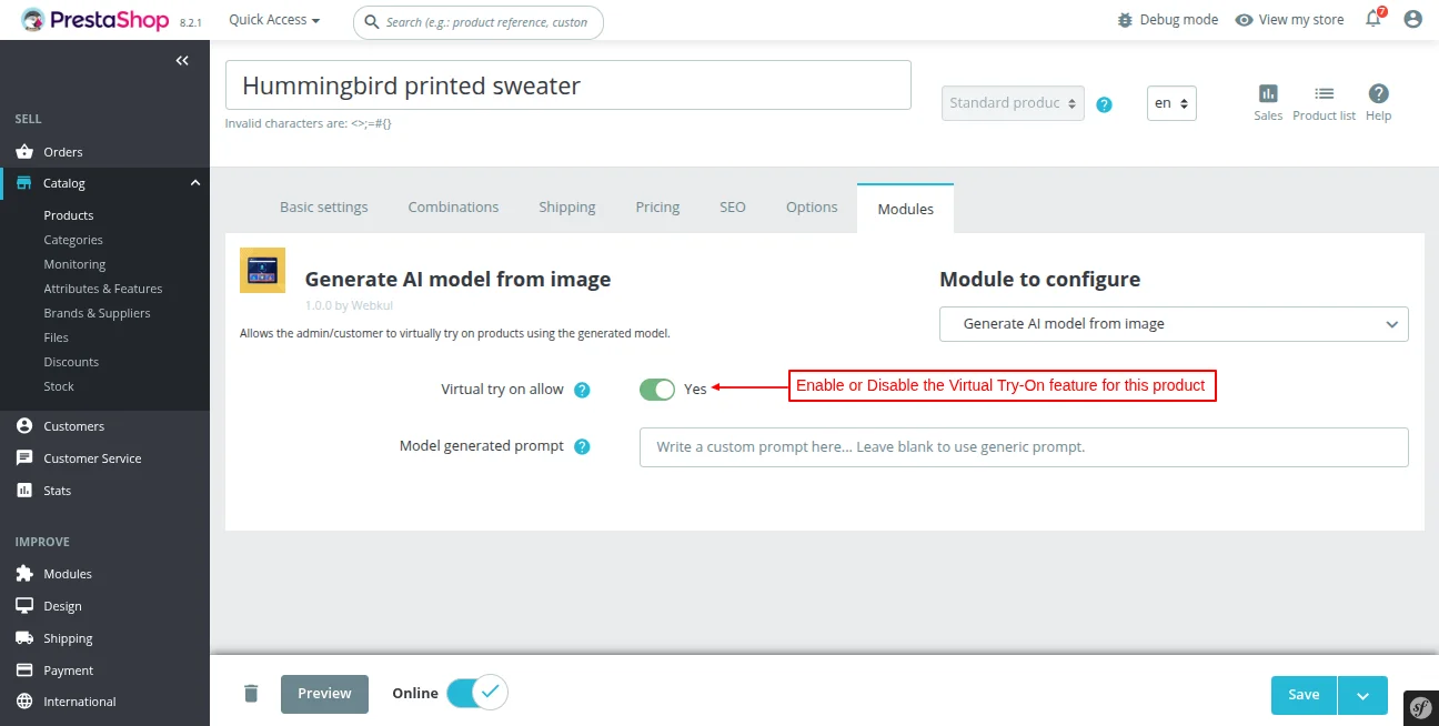 Enable or Disable the Virtual Try-On feature for products