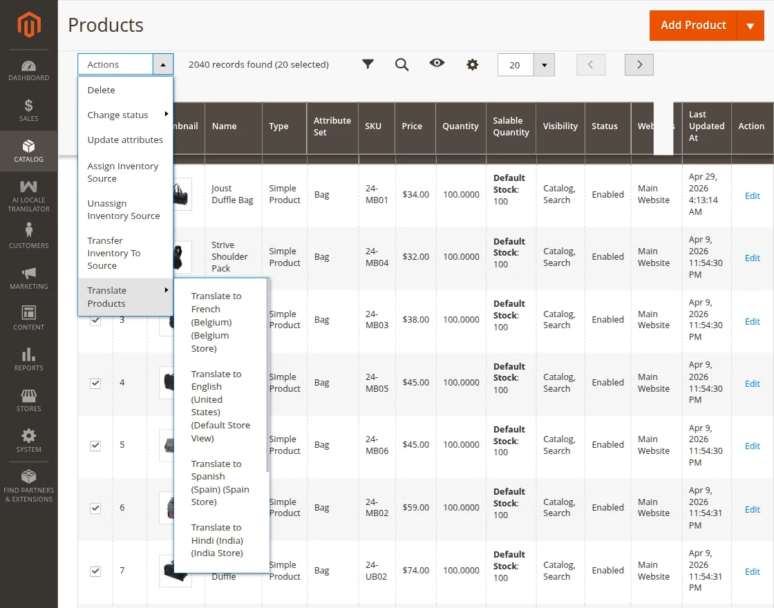 select product and store view