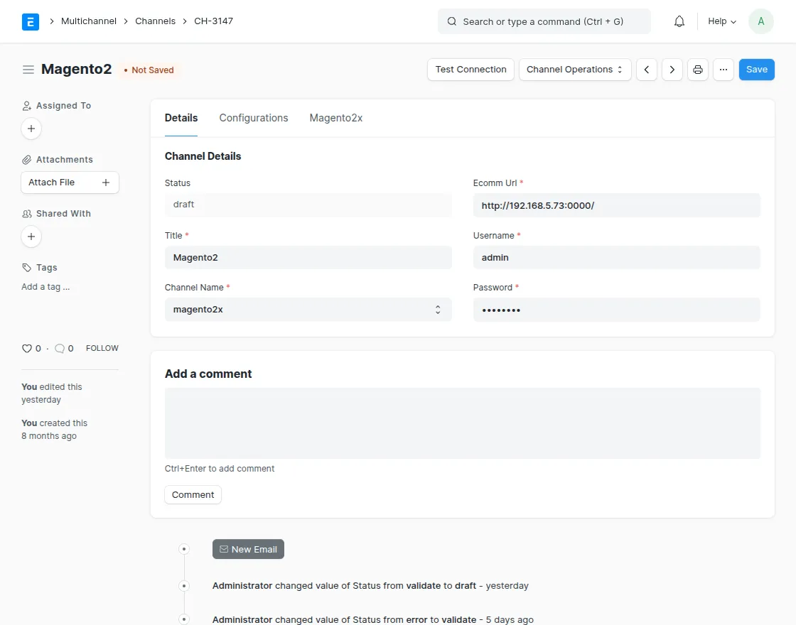 Channel configuration and connection test to establish the successful connection