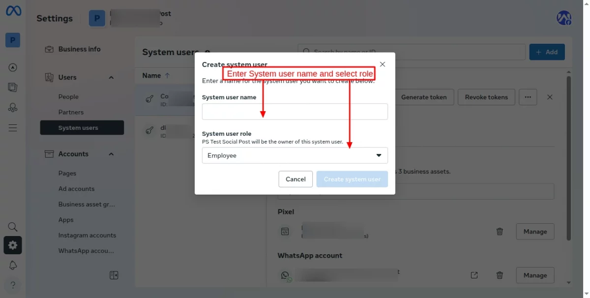 Enter system user name and select role
