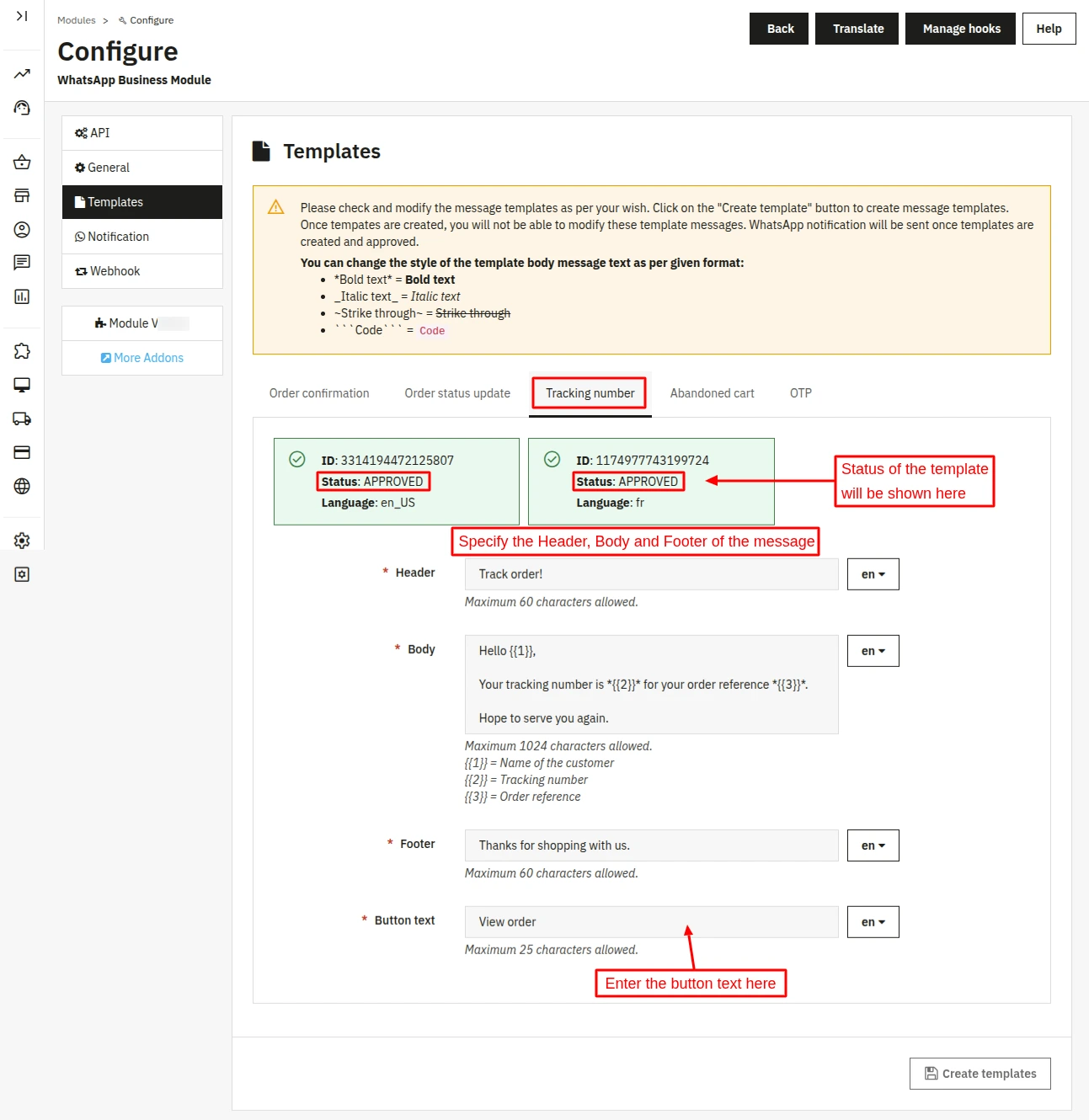 template tracking nymber
