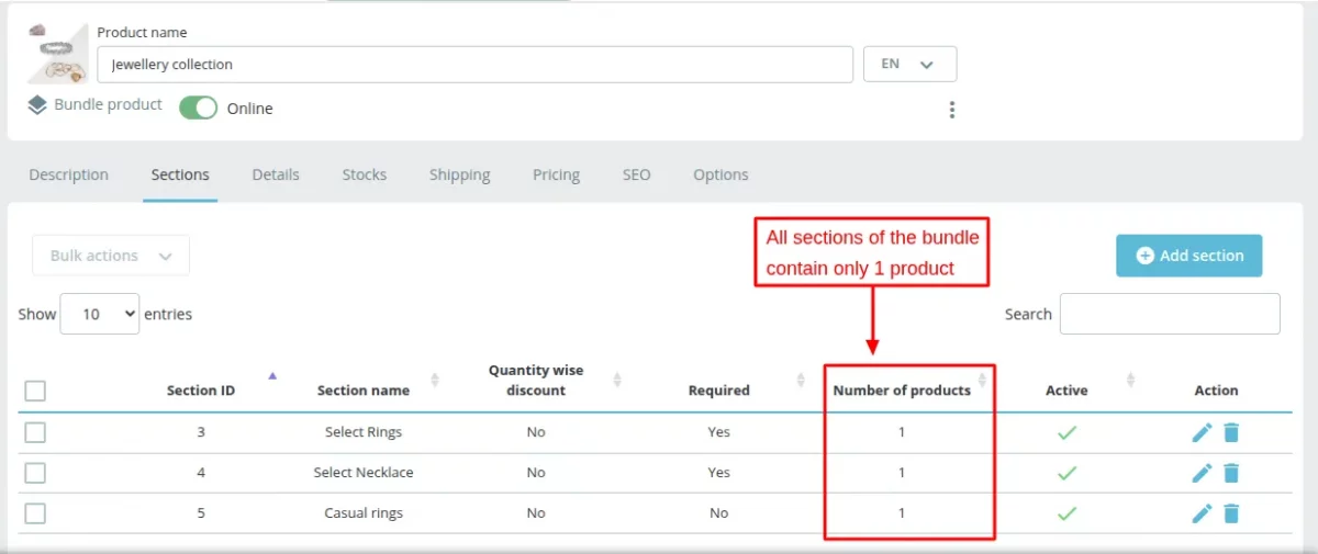 number of products in bundle section