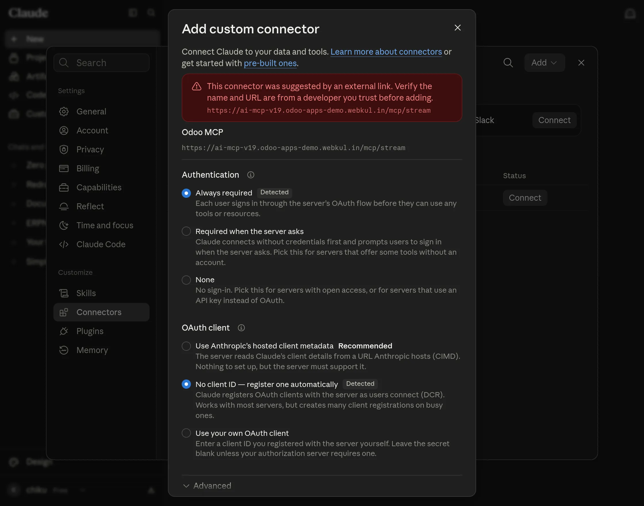 connector oauth settings