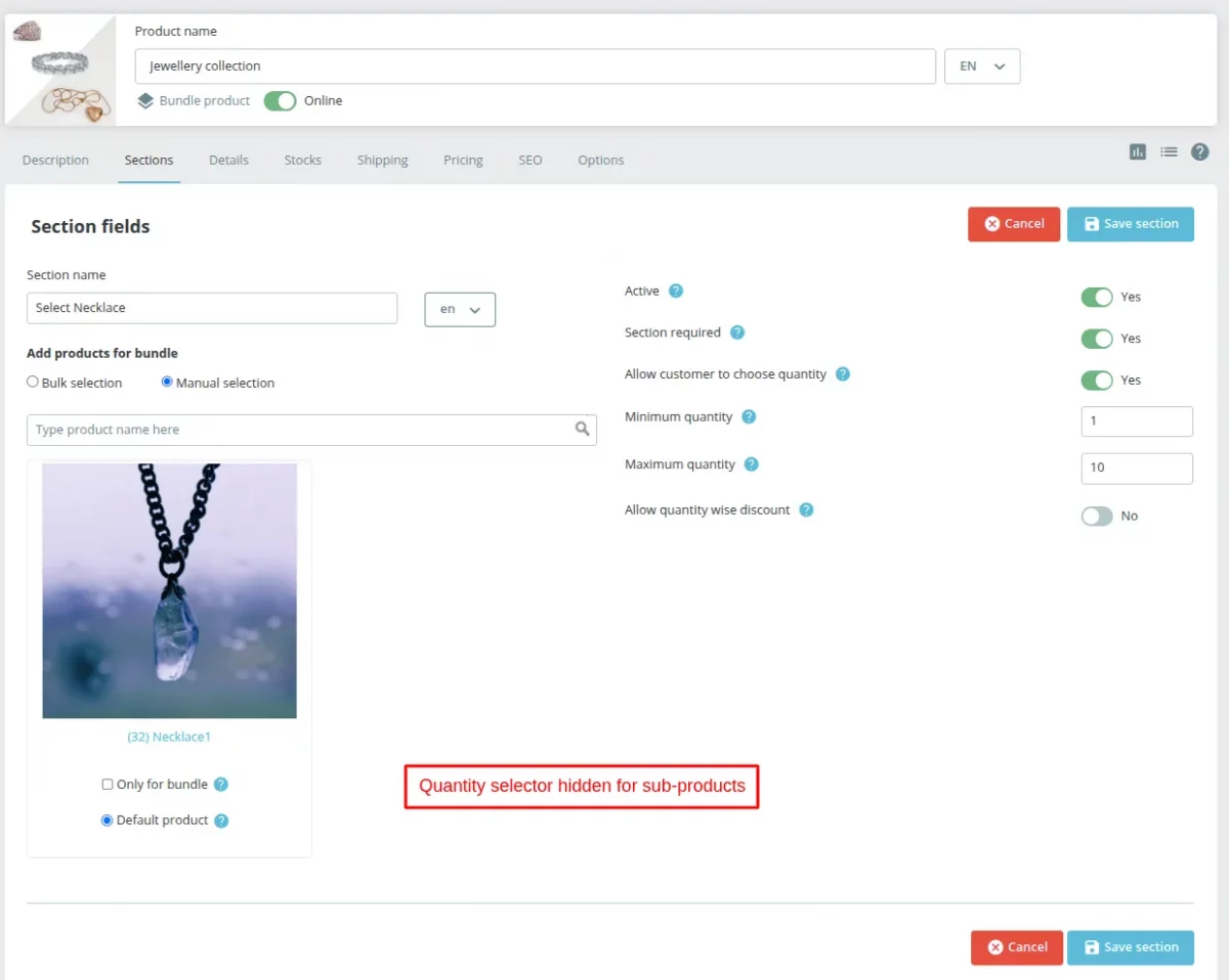 quantity selection hidden