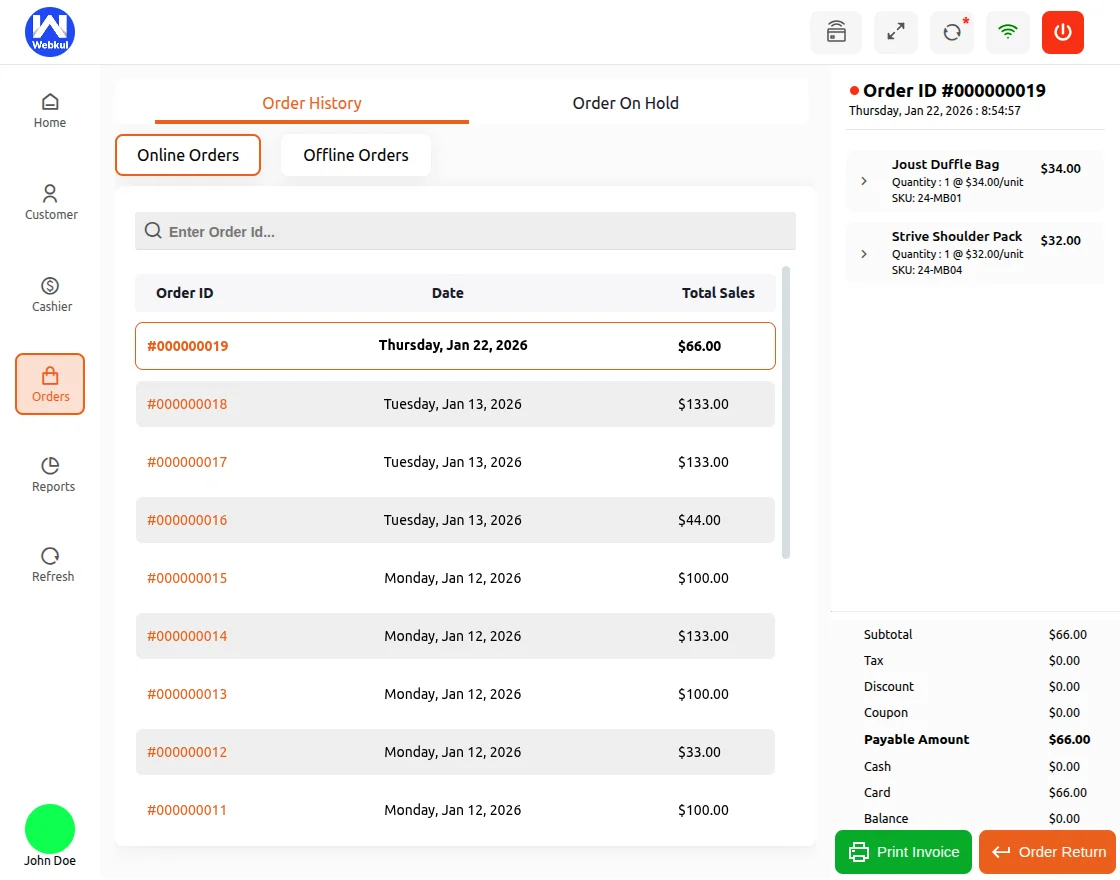 Magento 2 POS Stripe Reader Extension sales-history
