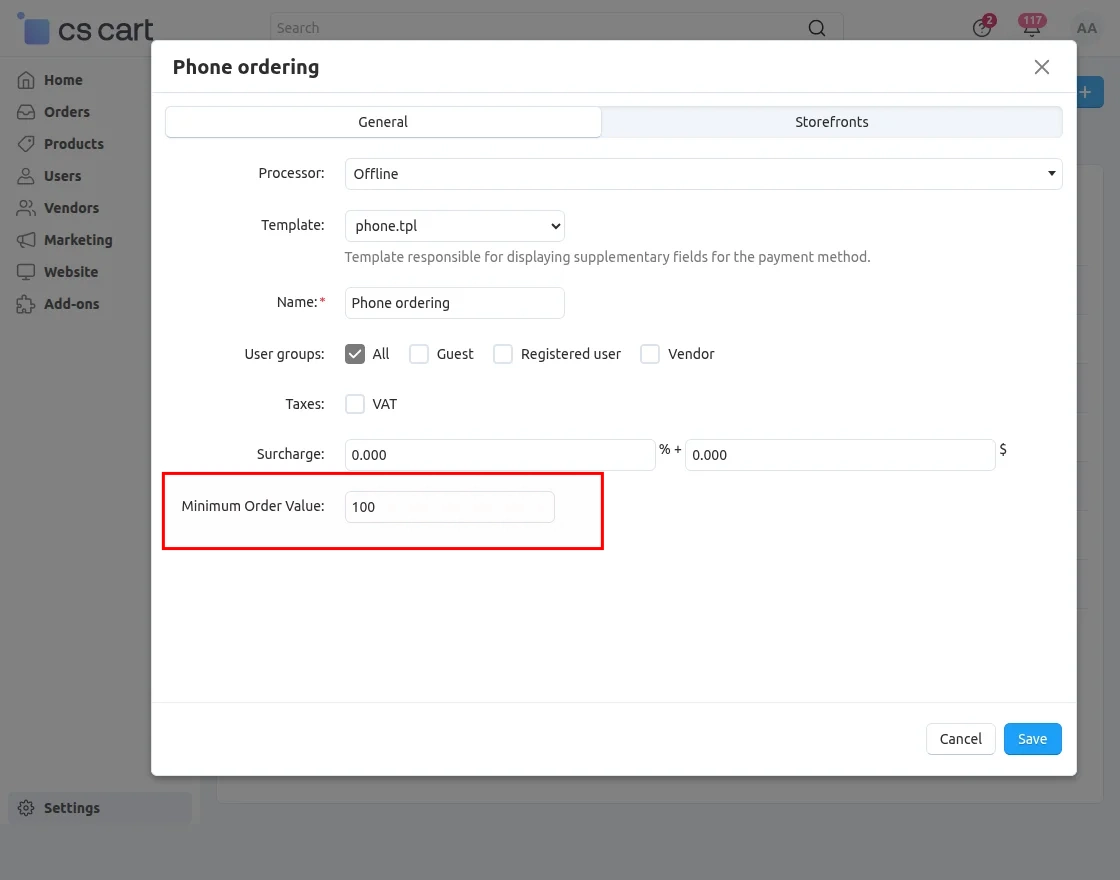CS-Cart add minimum order value