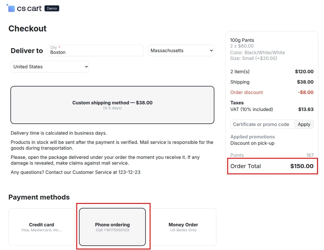 CS-Cart payment method visible