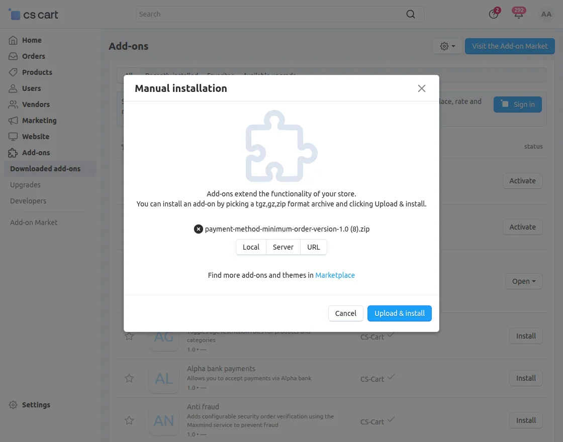 CS-Cart minimum order limit for payment method addon install
