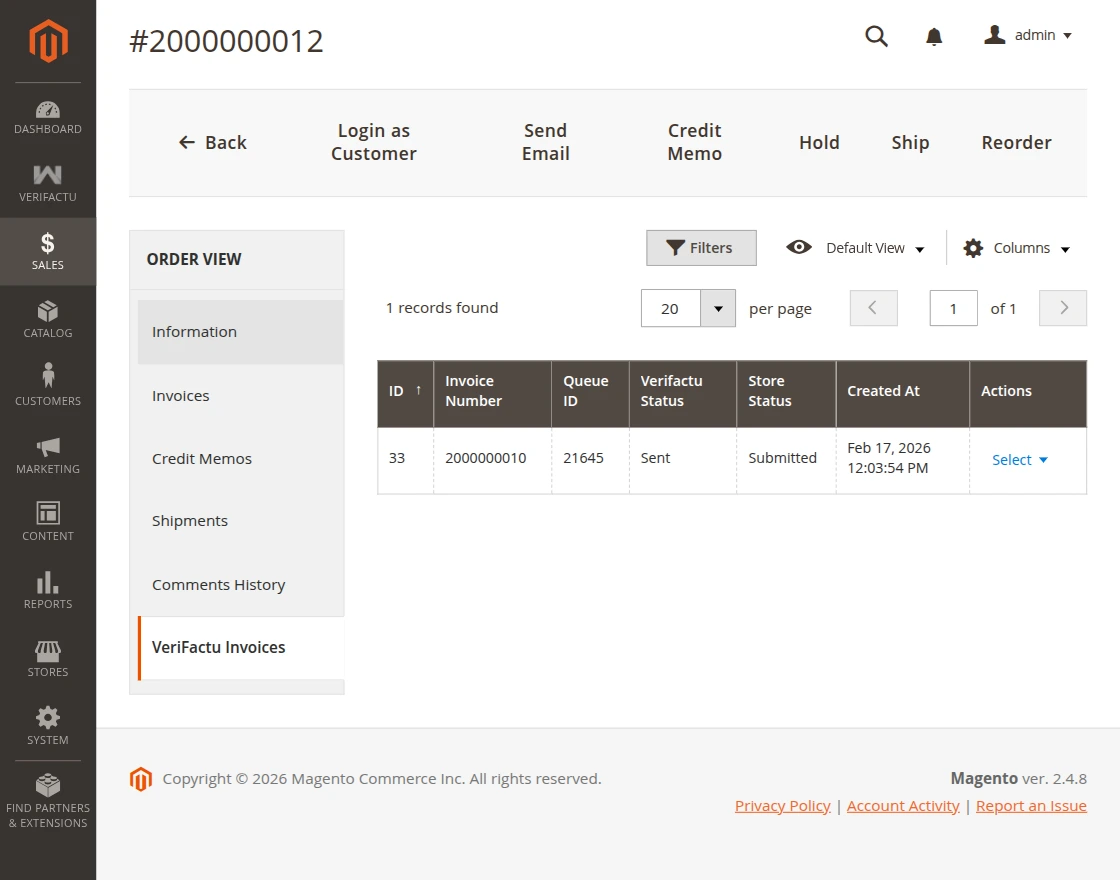 Magento 2 invoice-status-sent-to-verifactu