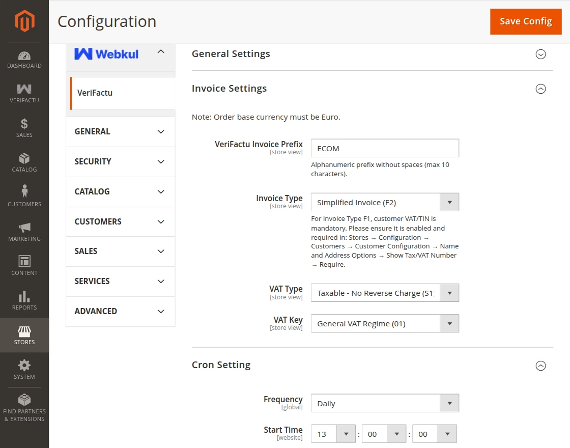 magento 2 verifactu invoice-settings