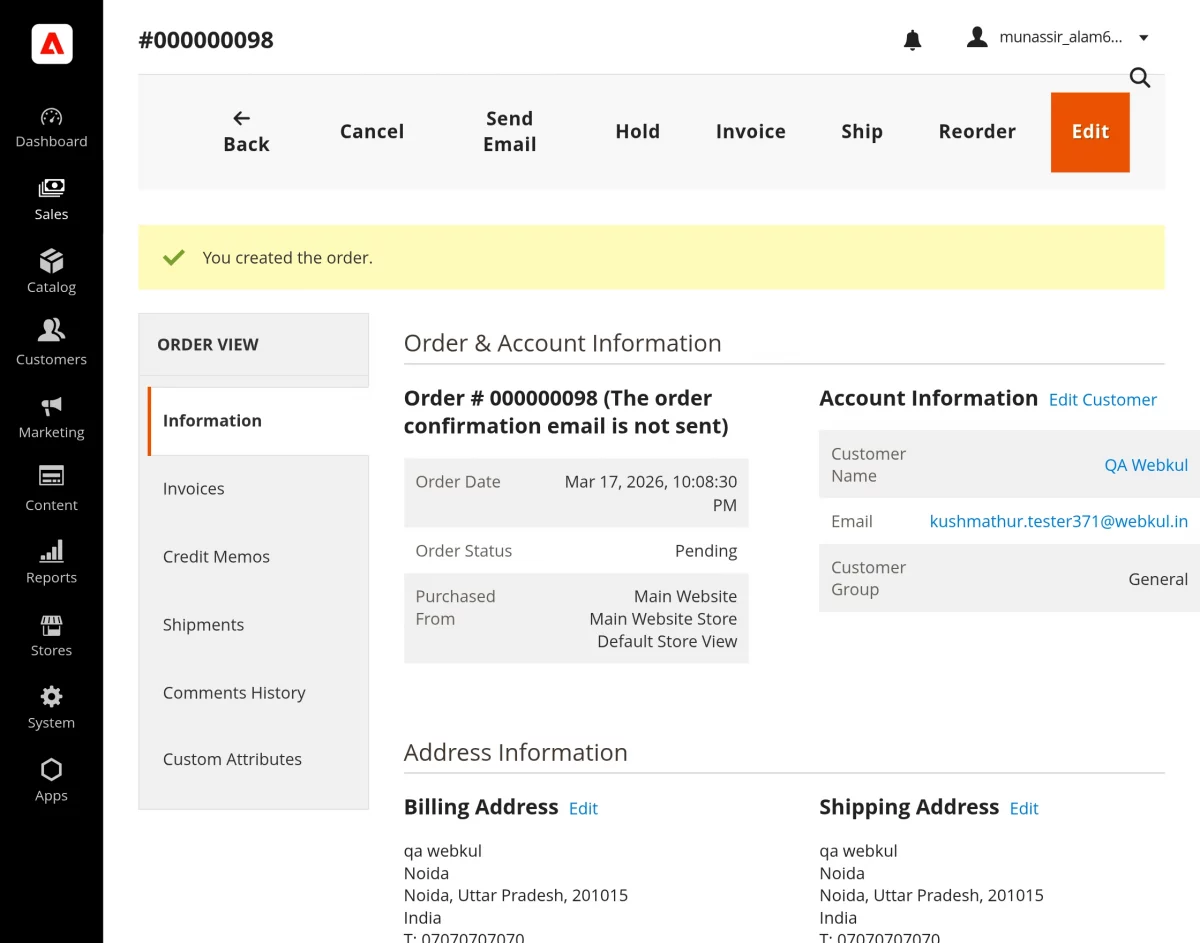 order created at commerce