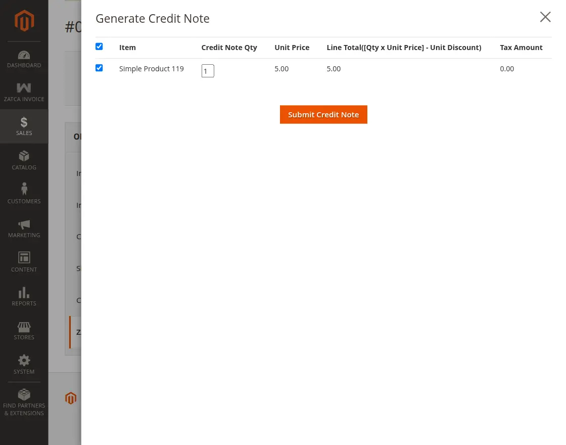 Zatca invoice credit note creation