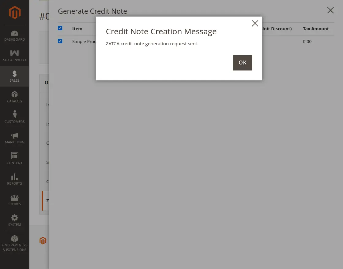 Zatca invoice credit note created